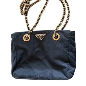 Vintage 1995 Prada Tessuto Quilted Nylon Chain Tote Bag Navy Blue Gold Hardware